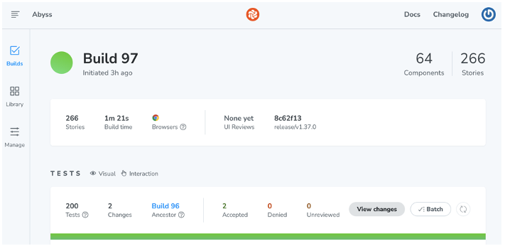 chromatic dashboard showing test results